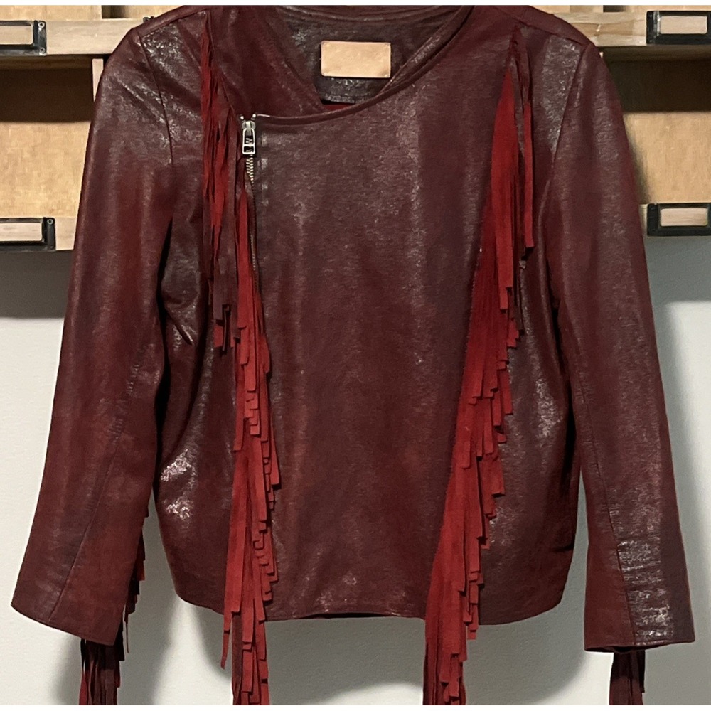 Cleobella Leather Moto Jacket XS/S Full Zip Burgundy Fringe Boho Western